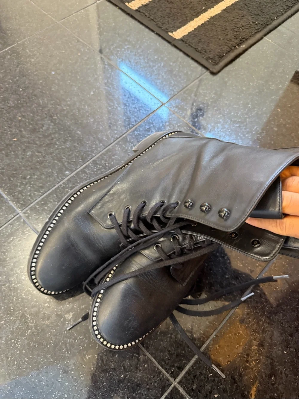 Stuart Weitzman Black Lace-Up Stud-Trim Combat Boots